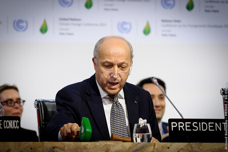 Laurent Fabius, francouzský ministr zahraničních věcí a prezident pařížské konference, odklepává zeleným kladívkem dohodu o klimatu