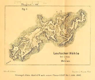 První mapa Mladečských jeskyní od Josefa Szombathyho z roku 1882.