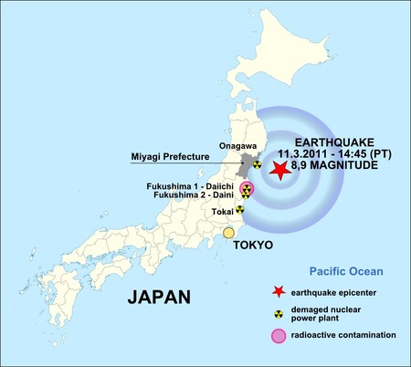 Mapa zemětřesení a cunami v Japonsku.