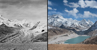 Takto vypadal tibetský ledovec Kyetrak Glacier v 1921 a 2009.