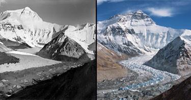 Ledovec Rongbuk Glacier pod Mount Everestem v roce 1921 and 2007.