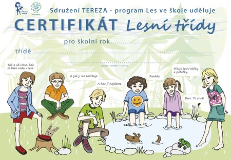 Certifikát lesní třídy – z leva: Hanka, Igor, Radek, Bedřich, Nika, Kája a uprostřed tůňky pes Kočka
