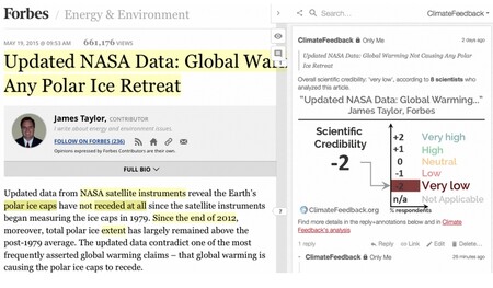 Printscreen z webu Climate Feedback zobrazuje vědecké ohodnocení článku o tom, že globální oteplování nezpůsobuje tání ledovců.