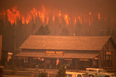 Požár se blíží ke komplexu Old Faithful v národním parku Yellowstone  (7. září 1988)