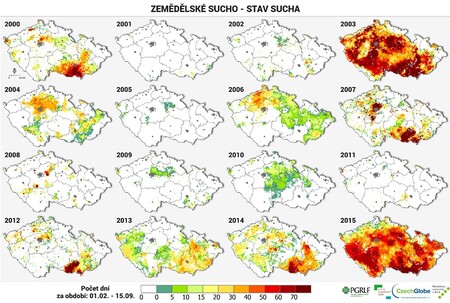Obrázek č. 2 - Přehled výskytu zemědělského sucha mezi léty 2000-2015.