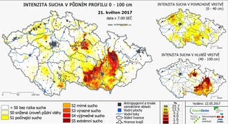 Obrázek č. 3 - Aktuální stav odchylky zásoby vody v půdě od dlouhodobého normálu 1961-2010 v neděli 21.5. 2017 (www.intersucho.cz).