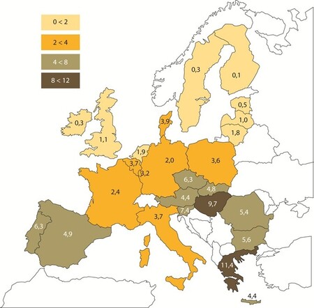 Hustota zavčelení v EU - Počet včelstev/km&#178; (2010)