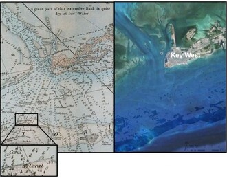 Porovnání historické námořní mapy a satelitního snímku.