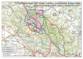 Mapa rysích okrsků v šumavsko-bavorském pohraničí