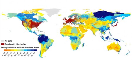 Mapa zobrazuje ekologickou hodnotu oblastí bez silnic. Modré oblasti představují území, která jsou velká a propojená a/nebo s vysokou biodiverzitou. Červené plochy zobrazují oblasti, které jsou kompletně protkány silnicemi.