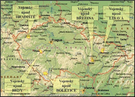 Mapa vojenských újezdů v České republice