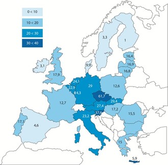 Počet včelařů v EU - Počet včelařů/100 km&#178; (2010)