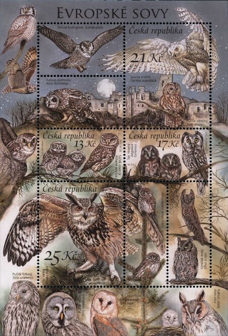 Na známkách je vyobrazeno všech třináct původních druhů sov, které se v Evropě vyskytují.