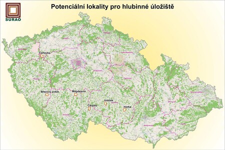Vytipované lokality pro hlubinné úložiště v ČR.  Větší mapa.