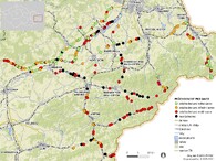 Mapa vybraných podchodů a nadchodů hodnocených dle jejich vhodnosti pro migraci živočichů 