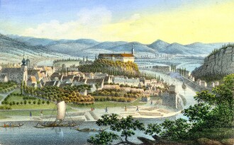 Děčín se zámkem. Anonymus, polovina 19. století.