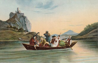 Historická pohlednice podle malby Ludwiga A. Richtera, Přívoz pod Střekovem (Überfahrt am Schreckenstein), originál z roku 1837.