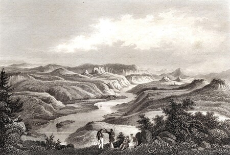 Obrázek ze Saského Švýcarska, ocelorytina 14 x 18&#8201;cm, Tromlitz A., polovina 19. století.