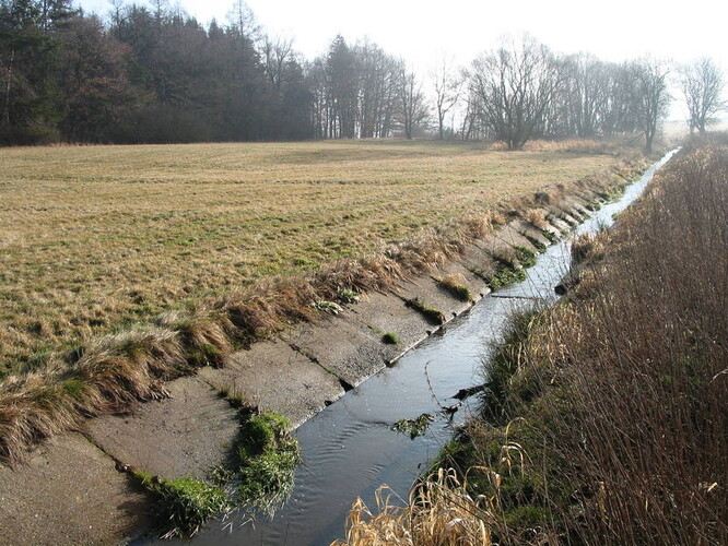 Vodní tok degradovaný technickou úpravou.