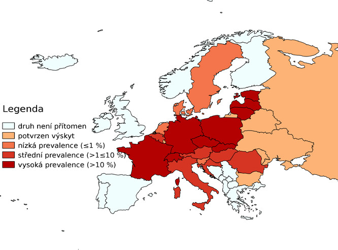 Rozšíření a prevalence Echinococcus multilocularis u lišek obecných v Evropě (1968–2014).