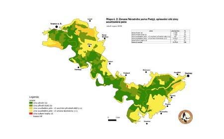 Mapa č. 2 - Zonace NP Podyjí, upřesnění cílů zóny soustředěné péče. (Zdroj