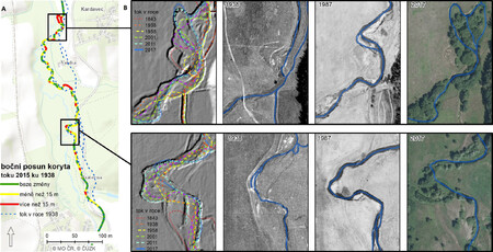 Historický vývoj posunu koryta řeky Litavky od roku 1938 do roku 2017, na lokalitách – „Valcha“ (horní panel) a „Trhové Dušníky“ (dolní panel). Posuny o méně než 15&#8201;m jsou znázorněny žlutě, červeně pak výrazné posuny větší než 15&#8201;m (mapa vlevo).