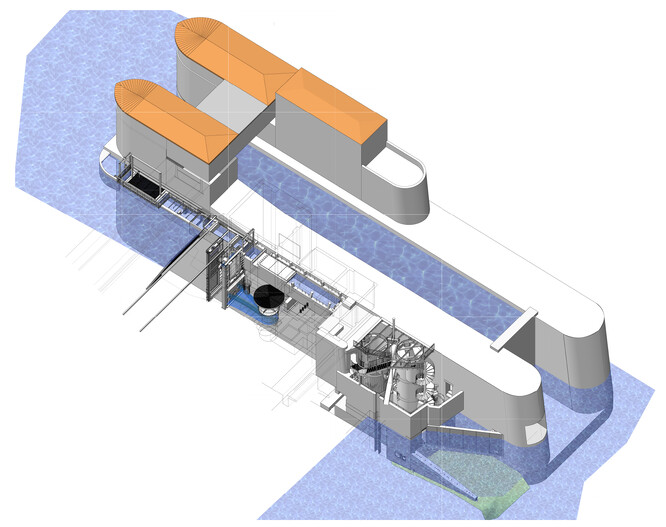 Výtah funguje jako plavební komora. Ryby nejprve vplují do zaplaveného transportního koše, který má průměr i výšku 2,8 metru a který se ve válci pohybuje nahoru a dolů. Jakmile jsou ryby uvnitř koše, ten se uzavře a voda proudící z nádrže ho vytlačí vzhůru, stejným způsobem pak díky klesající vodě transportní nádoba sestoupí.