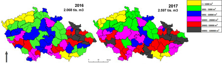 Kůrovcové těžby dle lesních správ Lesů ČR. Srovnání roků 2016 a 2017.