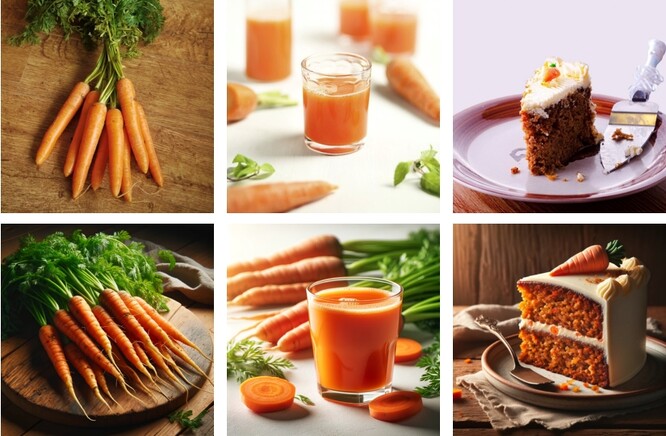 V horním řádku jsou fotky skutečných potravin, v druhém řádku jsou obrázky vygenerované umělou inteligencí. Vlevo jsou vždy přírodní potraviny, vpravo potraviny uměle zpracované.