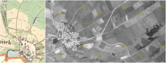 Obr. 8 a 9. Počítky, situace dle mapování stabilního katastru z let 1830-1840 (vlevo) a na snímku z roku 1951 (vpravo).