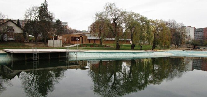 Trávníky a vzrostlé stromy kolem koupacího jezera, Biotop Lhotka, 2018.