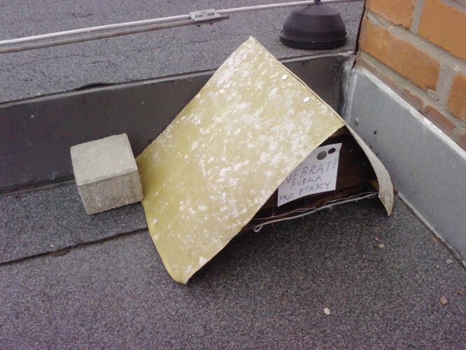 Budka pro chocholouše na nízké střeše.