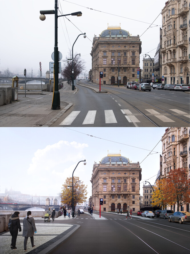Srovnání původní a pánované podoby nábřeží u Národního divadla.