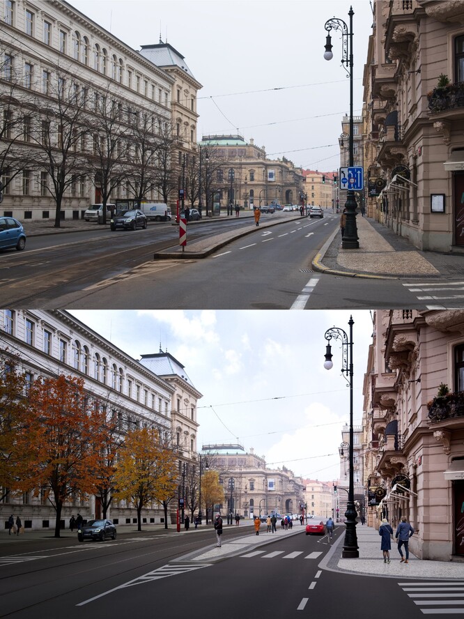 Původní a upracená podoba zastávky Staroměstská s pohledem k Rudolfinu.