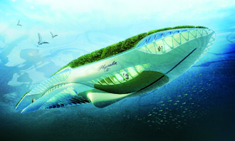 Obojživelná zahrada Physalia, která má čistit evropské řeky. Pohled zespoda vodní hladiny.