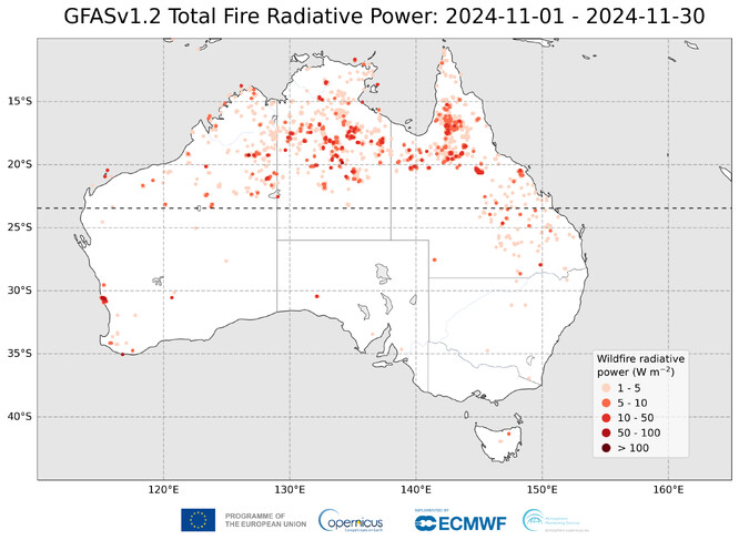 CAMS Total Fire Radiative Power nad Austrálií v období 1.-30. listopadu 2024.