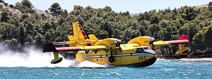 Letadlo určené k hašení požárů Canadair nabírá vodu Foto: Depositphotos