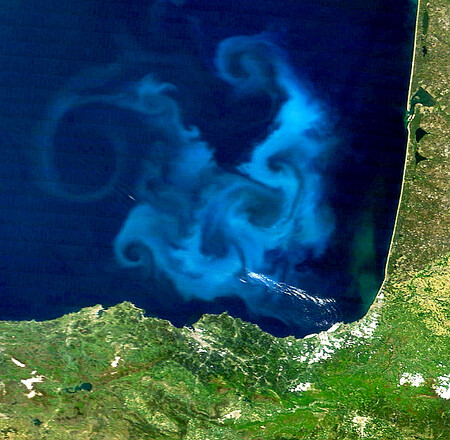 Přítomnost tohoto vitamínu je přitom klíčová pro tvorbu fytoplanktonu, na kterém závisí mořský život. Na snímku masa fytoplanktonu v Biskajském zálivu, foceno ze satelitu NASA