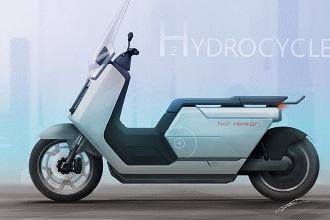 Takto by mohl vypadat budoucí motocykl s pohonem na vodíkové palivové články dle návrhu 1to1design. Prototyp připravený k jízdě bude představen do konce roku 2025.