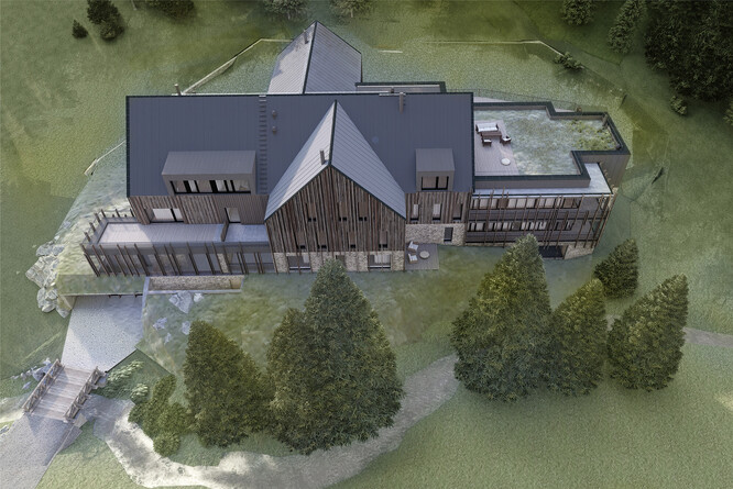 Obr. 5: Vizualizace plánované stavby na Jeleních loukách – celkový pohled (dle OK Plan Architects).