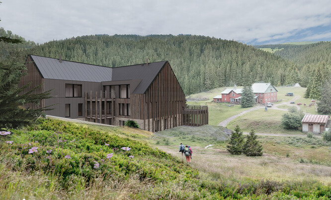 Obr. 6: Vizualizace plánované stavby na Jeleních loukách – celkový pohled na plánovanou stavbu a sousední stávající boudu (dle OK Plan Architects).