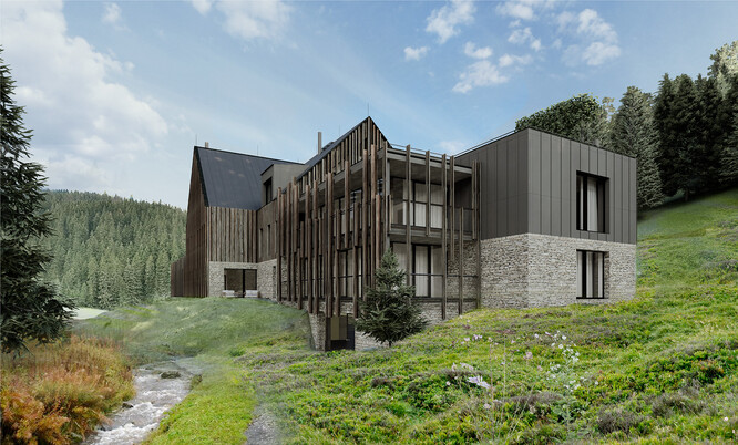 Obr. 7: Vizualizace plánované stavby na Jeleních loukách – boční pohled (dle OK Plan Architects).