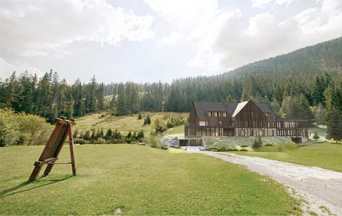 Obr. 8: Vizualizace plánované stavby na Jeleních loukách – pohled od přístupové cesty (dle OK Plan Architects).