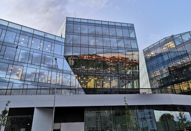 Ptáci nerozliší odraz ve skle od skutečných stromů a oblohy. Na obrázku obchodní centrum Bořislavka v Praze.