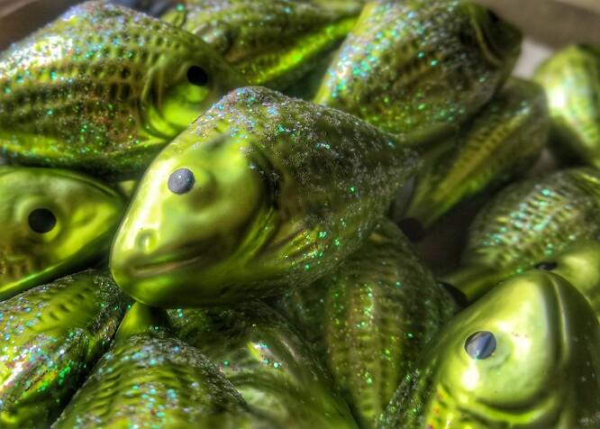 Lidé si mohou koupit duhovou nebo zelenou ozdobu v podobě ryby, výtěžek z prodeje jde rybářům.