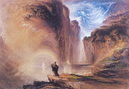 Kromě duchovna křesťanského středověku měli romantici rádi i pohádky či neantické pohanské mytologie. Obraz Johna Martina "Manfred and the Alpine Witch", 1837.