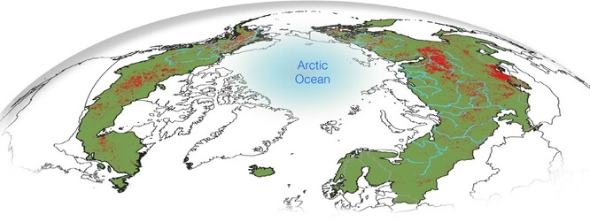 Uvažované oblasti se znázornění říčních systémů zejména v Rusku, Kanadě a USA. Červeně jsou zachyceny plochy lesů postižených požáry v období 2002-2020.