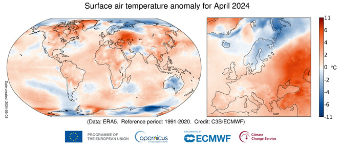 Anomálie přízemní teploty vzduchu pro duben 2024 ve vztahu k dubnovému průměru za období 1991-2020.