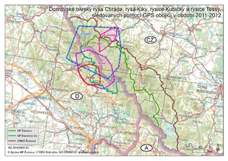 Mapa rysích okrsků v šumavsko-bavorském pohraničí