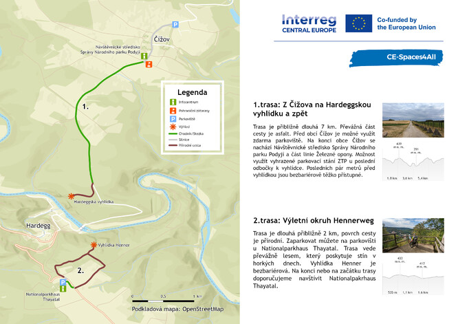 Mapa s návrhy dvou bezbariérových tras v pilotní oblasti Znojmo-Retz.